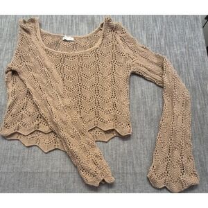 Hollister Women's XL Crochet Knit Sweater Tan Beige Bell Sleeve Scalloped Boho